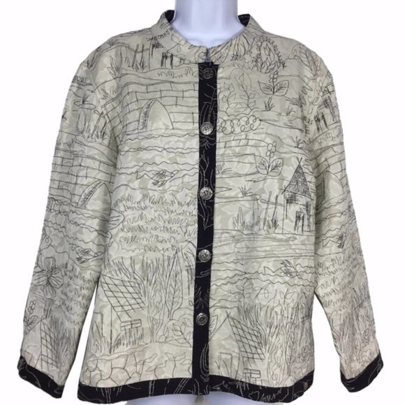 Cream and Black Embroidered Mandarin Collar Jacket - Picture 1 of 8
